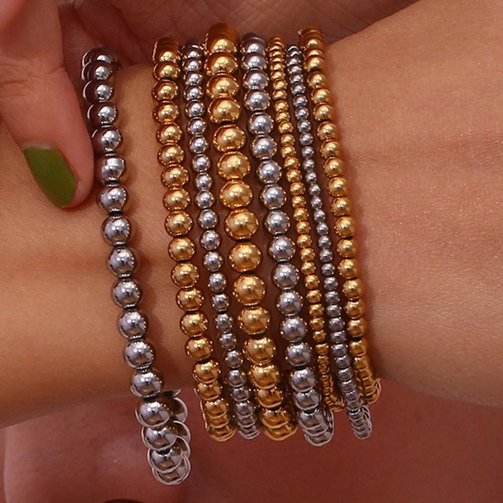 Niche vintage stainless steel plated 18K gold elastic bead bracelet for women round geometric shape gold 4mm