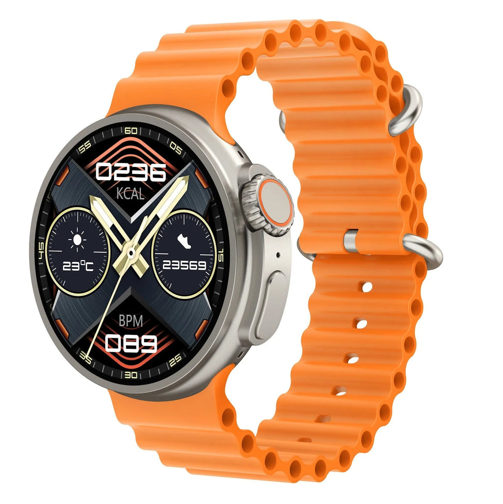 K9 smart watch in black with 1.39 inch round screen on silicone strap, showing fitness data interface.