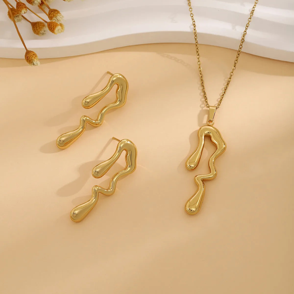 Geometric leaves texture flower love heart earrings and necklace set with stainless steel pendant on regular chain