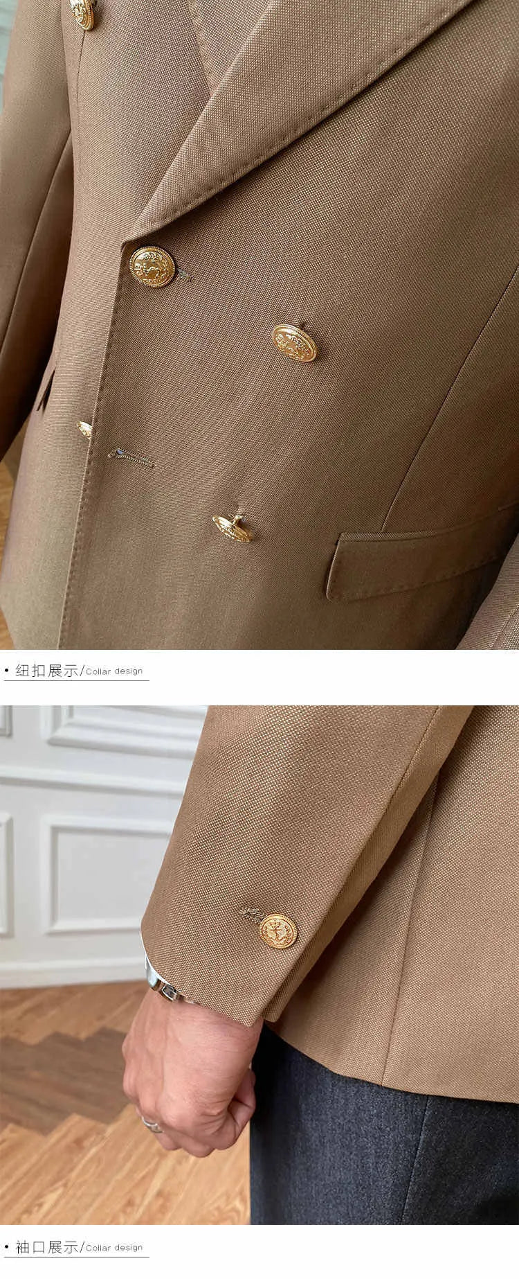 Double breasted suit jacket for men in slim fit, long sleeves, hip collar, available in Khaki, Royal Blue and Black