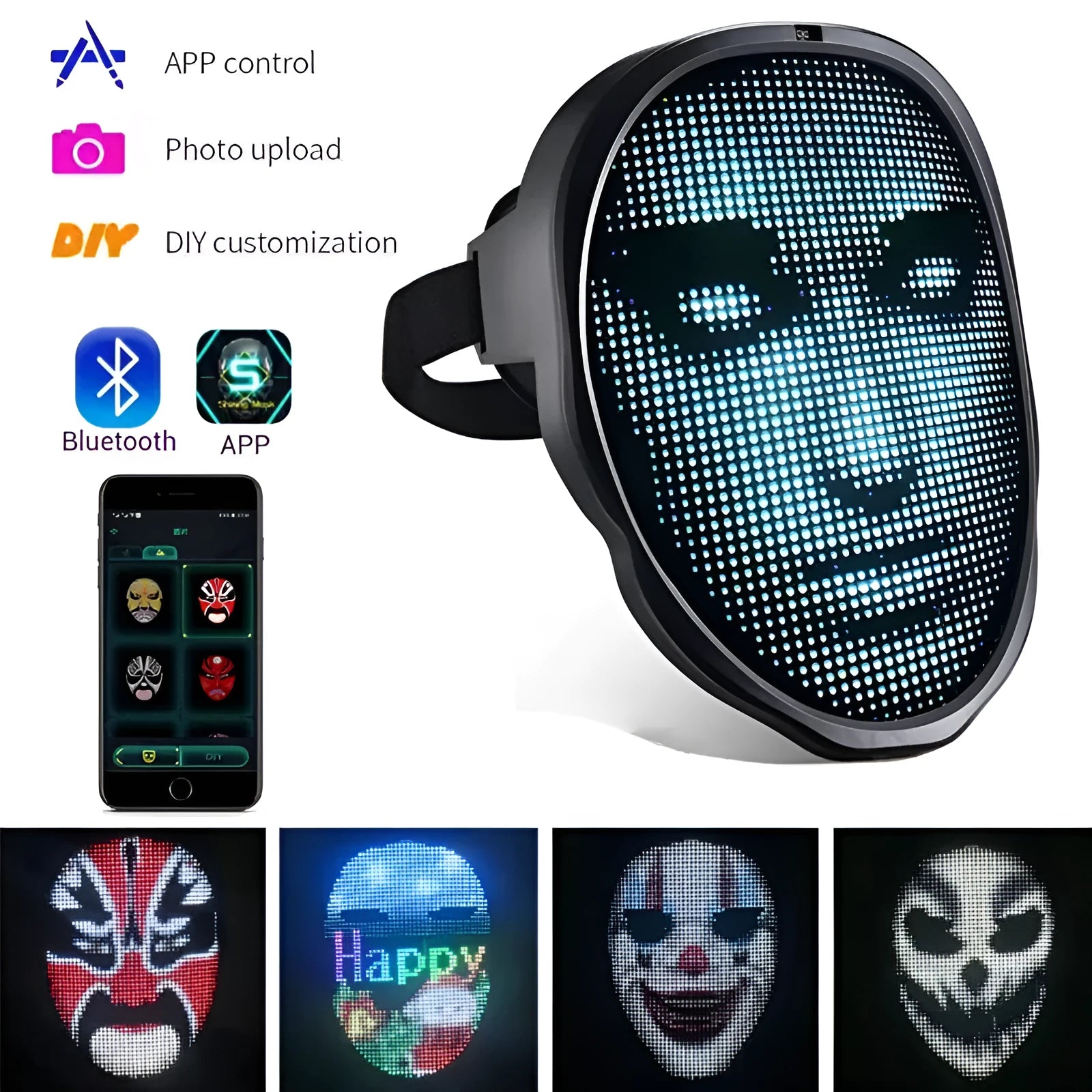 LED luminous face mask with changing displays for Halloween and party events