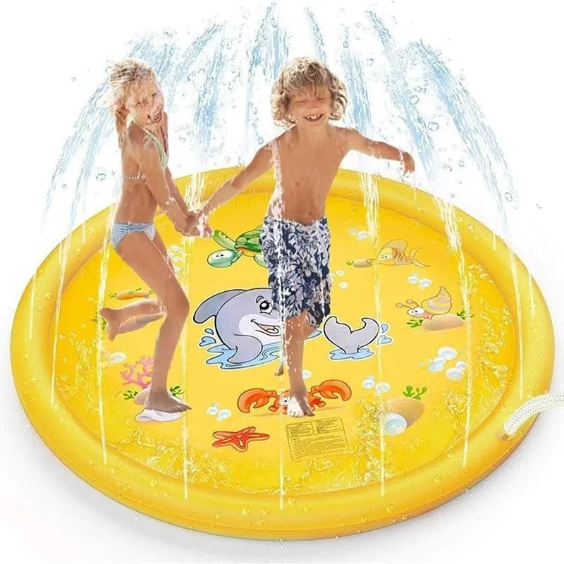 Yellow outdoor water spray mat with letter patterns for children, PVC material, 150cm or 170cm size option