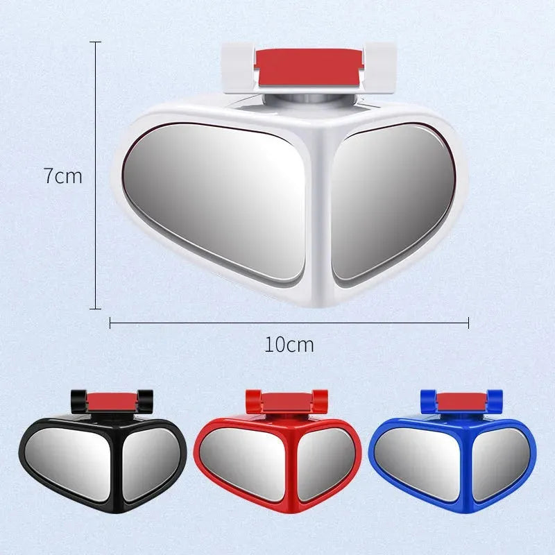 Small round adjustable car reversing mirror with adhesive back, shown in various colours.