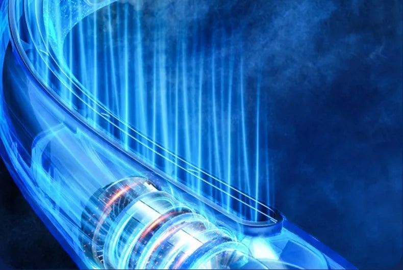 Bladeless neck fan with refrigeration and 4000mAh battery shown in blue, lightweight design for hands-free use