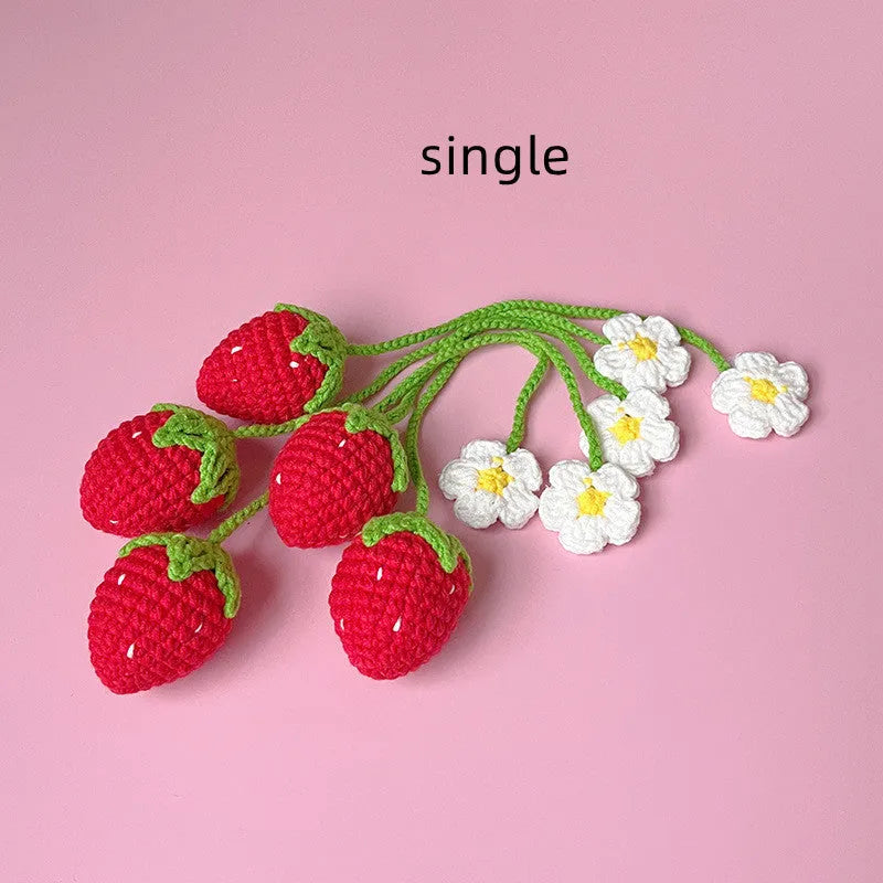Handmade wool crochet strawberry pendant with woven texture in pink or red colours