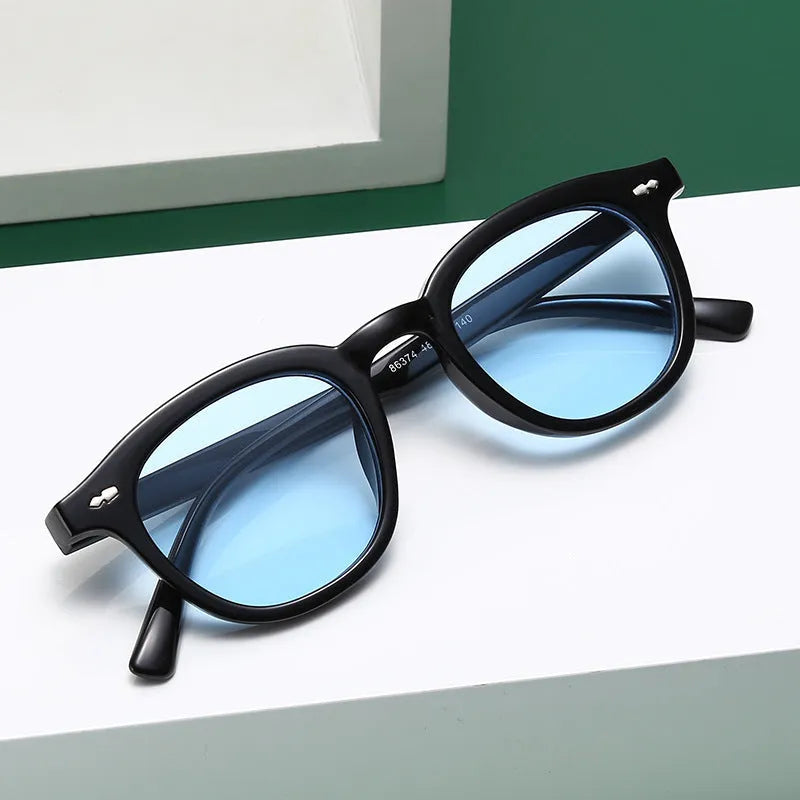 Retro beige round sunglasses with black PC frame, metal hinge, and various lens colour options