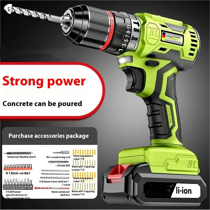 21V brushless impact drill with 10mm chuck, 150Nm torque, and two lithium batteries