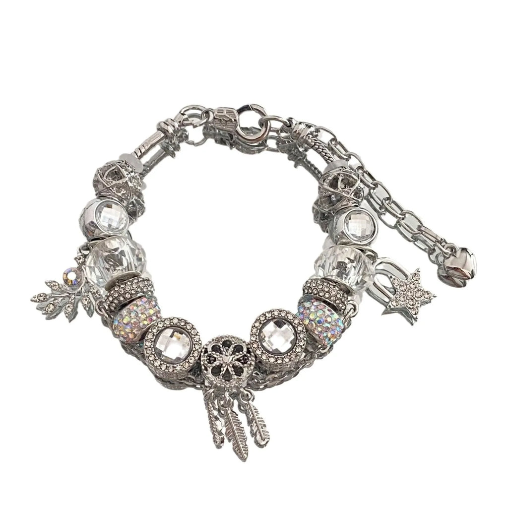 Women's dreamcatcher bracelet with colourful crystals, star shape, electroplated mixed material finish