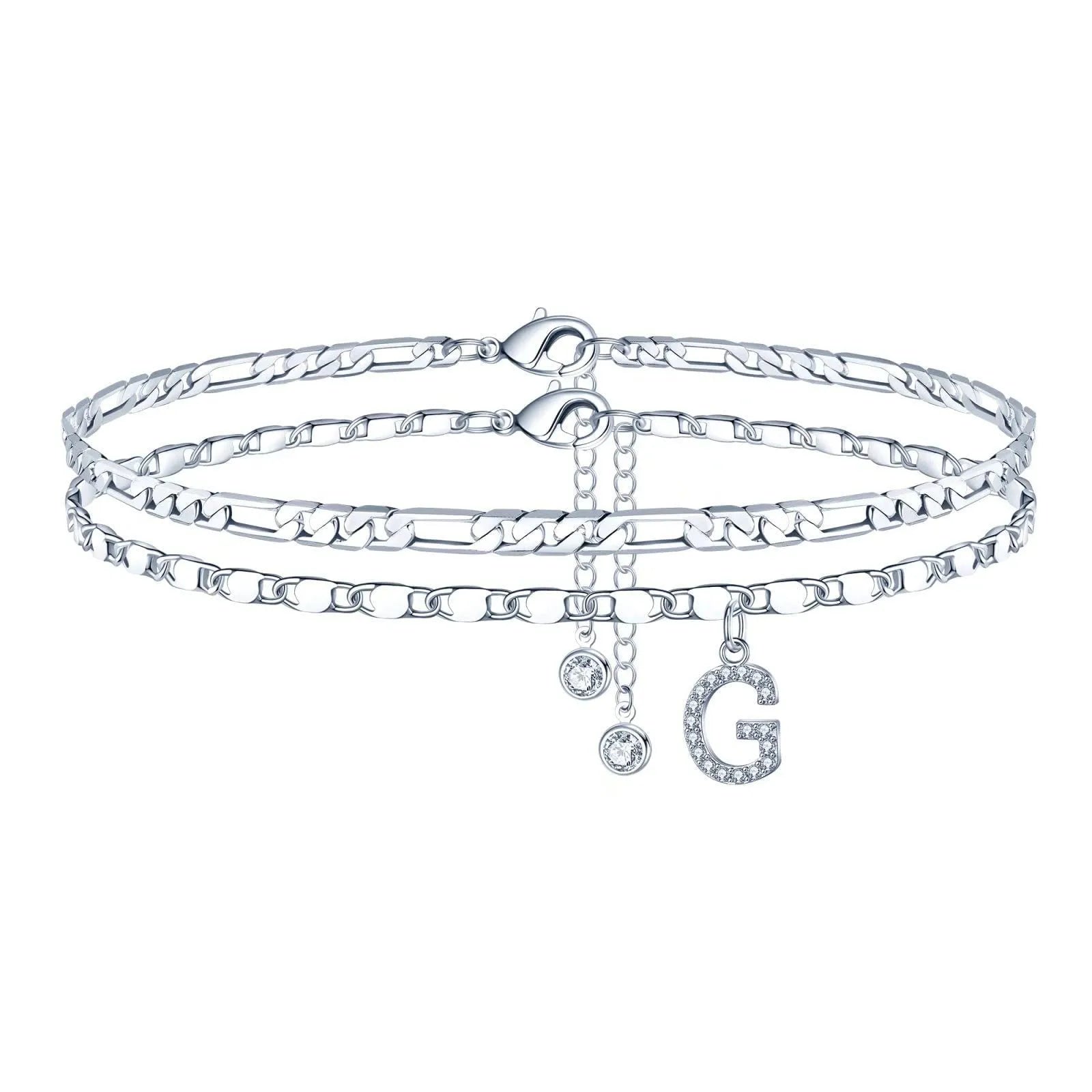 Copper double-circle bead anklet with silver colour finish showing customisable letter styling options