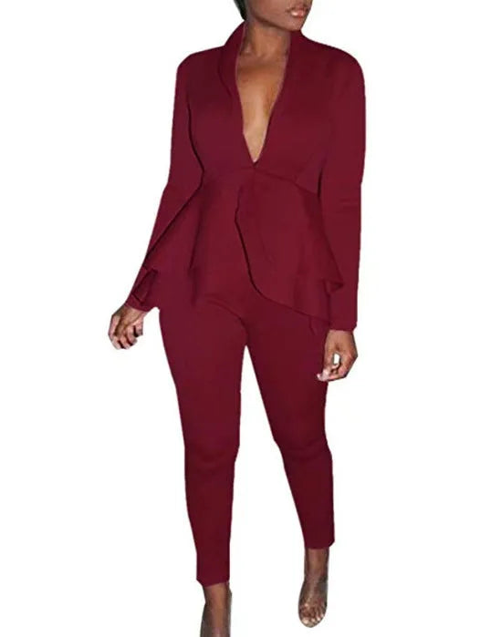 Women's white ruffled business shirt and black pencil pants from a formal two-piece uniform set.