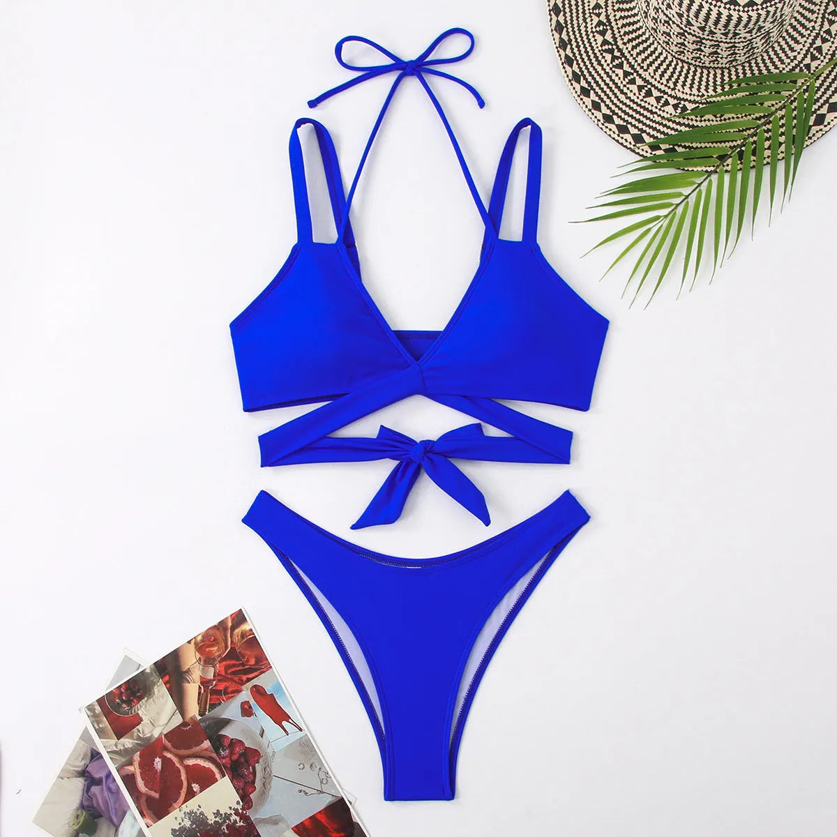 A solid colour women's bikini swimsuit with straps, shown in one of five available colours.