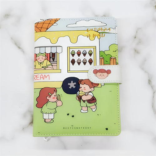 A5 paperbound notebook with thread binding, open to show flat lay, with choice of Eating Ice Cream, Reading, Traveling, or Outing cover designs.