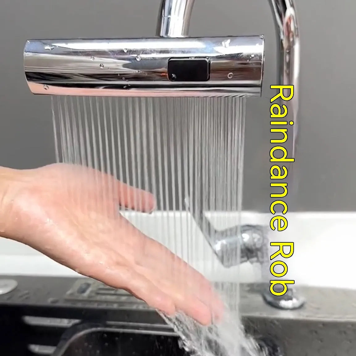 Kitchen faucet waterfall nozzle extension with rotating sprayer in black or silver finish