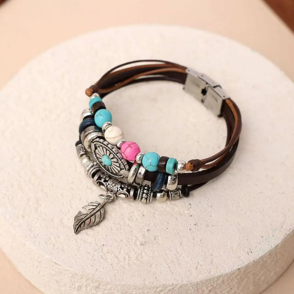 Bohemian ethnic style leather bracelet with turquoise leaf design in brown, unisex 21cm