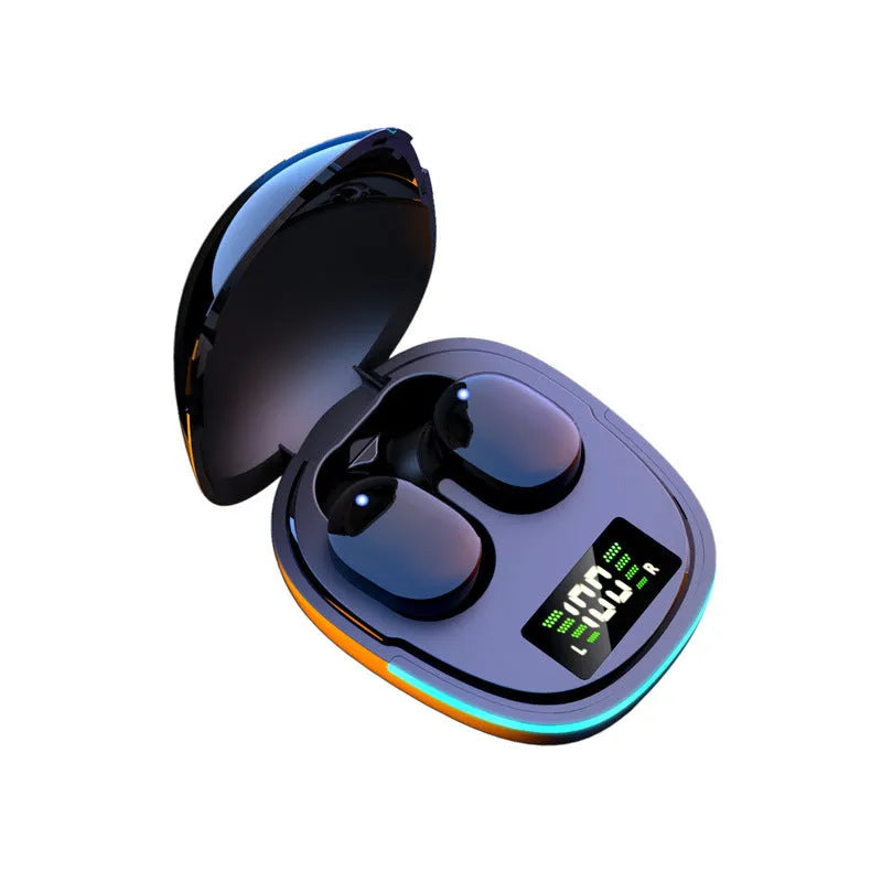 Black true wireless Bluetooth in-ear headphones with a compact charging case showing digital battery display.