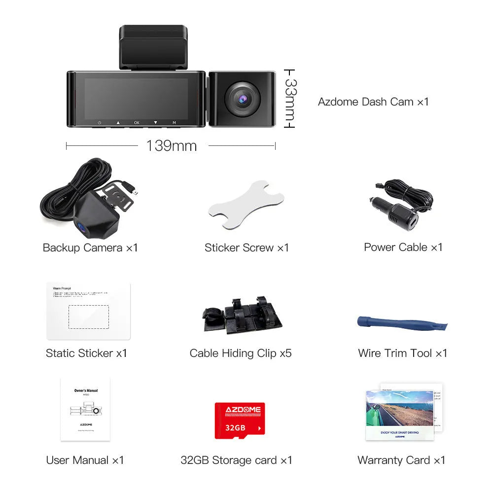 2K driving recorder with 3-inch screen, front and rear cameras, car charger and mounting bracket