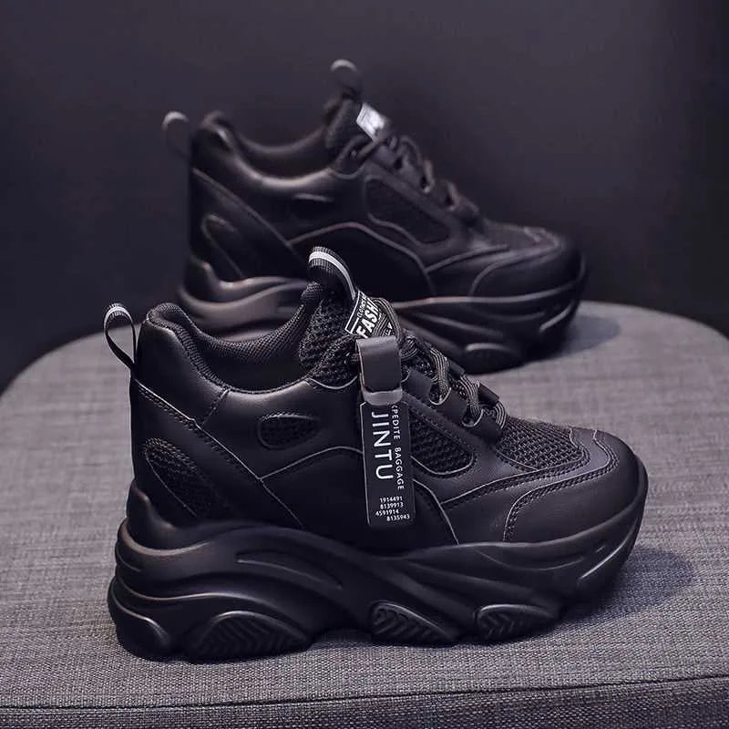 Women's black mesh platform casual shoes with hollow out design and toe holder style