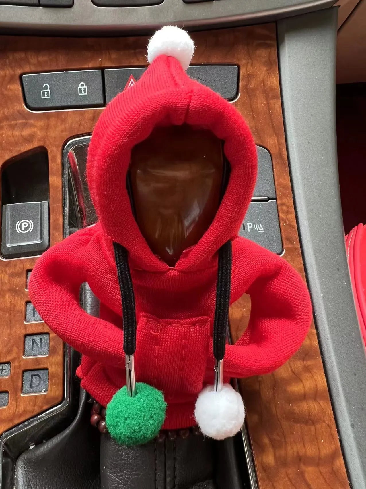 Santa Claus hooded sweatshirt car gear lever cover in pink colour on gear shift