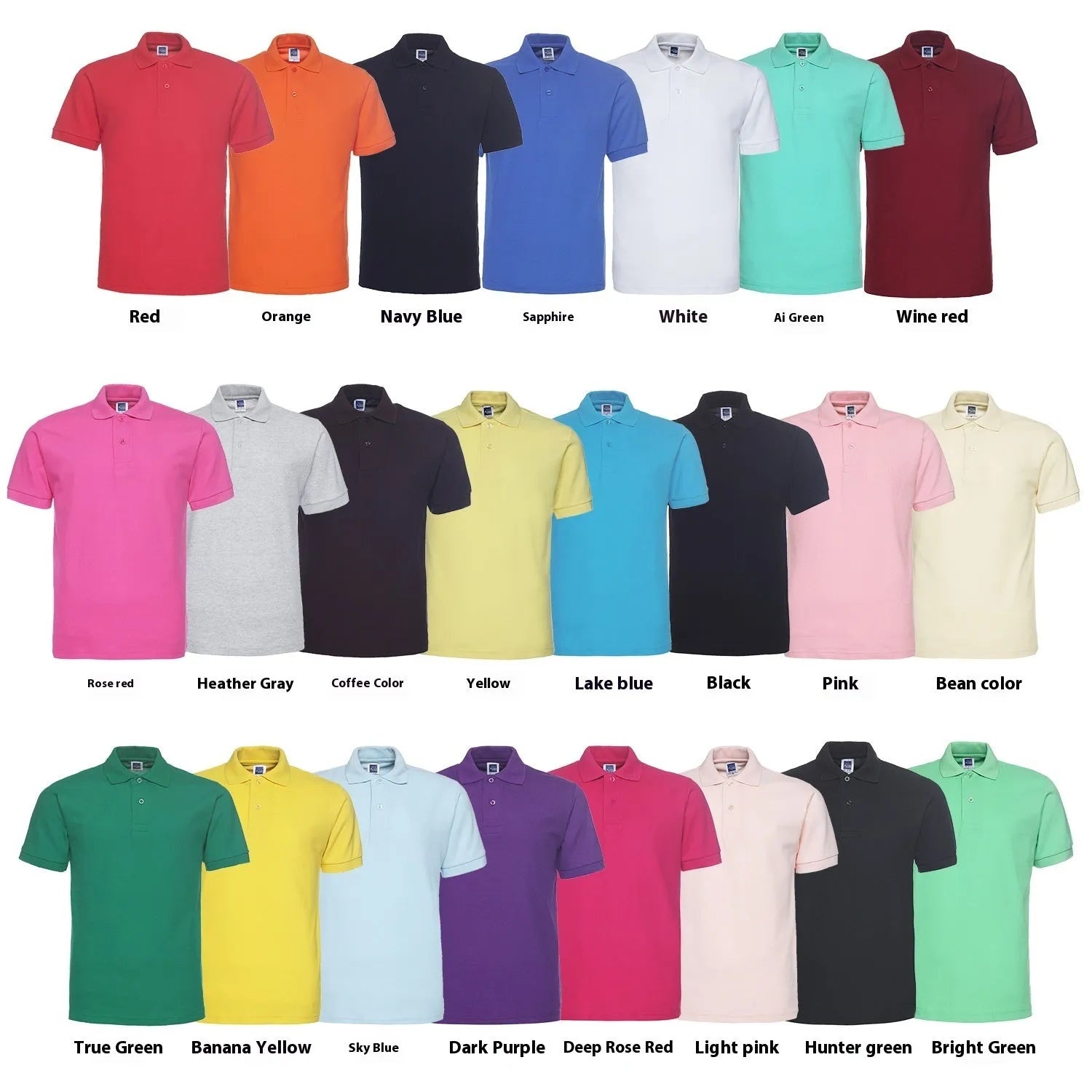 Men's solid colour short sleeve polo shirt with lapel collar on a hanger, loose fit.