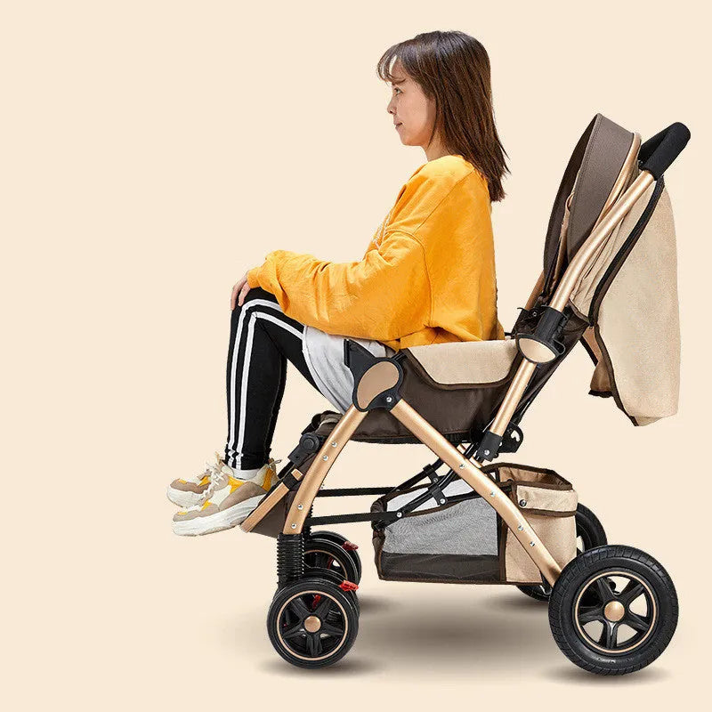 Reversible baby stroller with steel frame, four shock-absorbent wheels, and large storage plate in sky blue colour