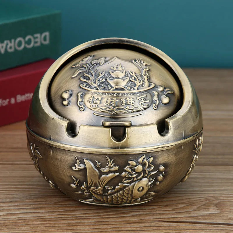 XL decorative alloy ashtray with smoke slot in bronze finish showing dragon and phoenix design