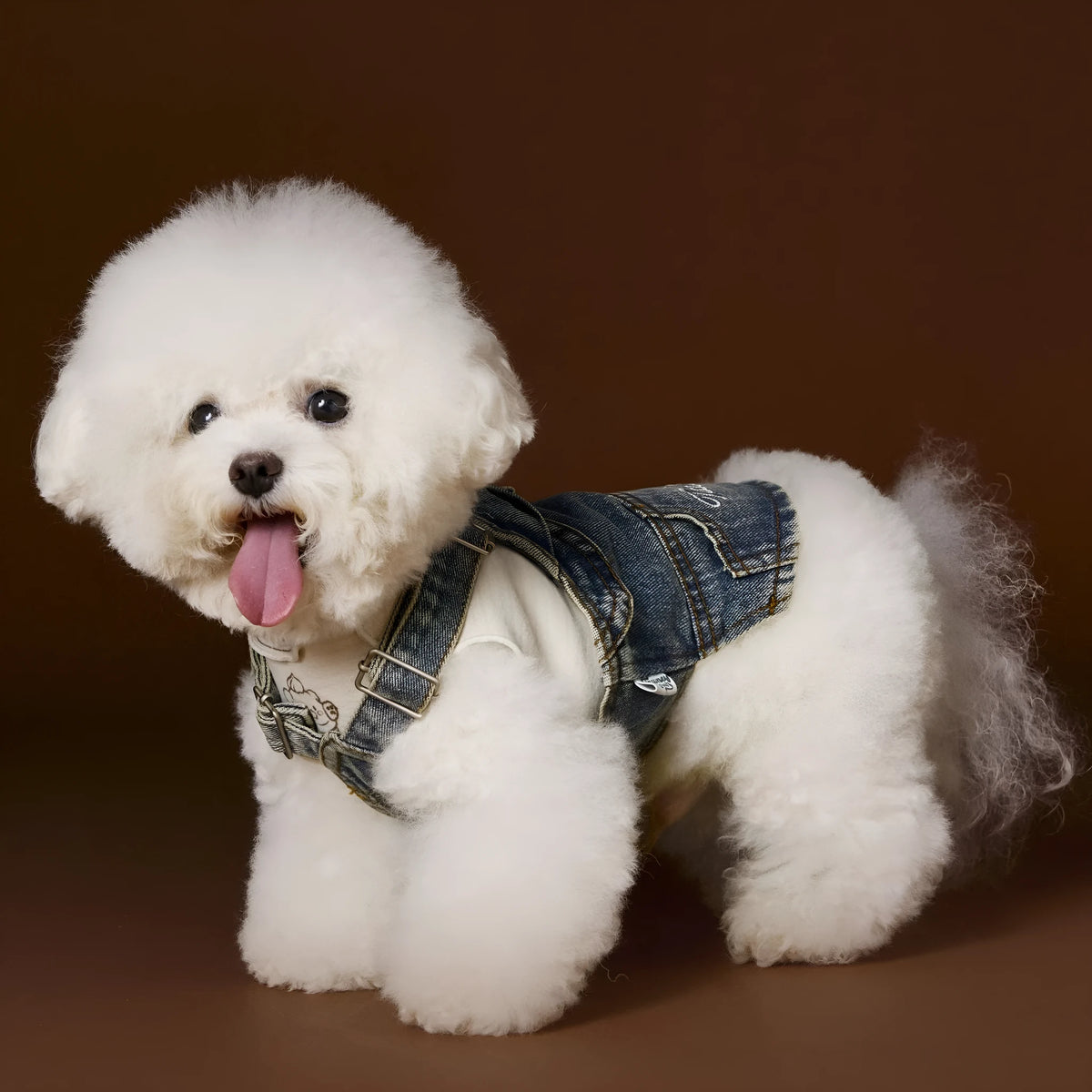 Denim suspender skirt pet clothing for small and medium dogs, 100% cotton, sizes XS to XXL, sleeveless casual style