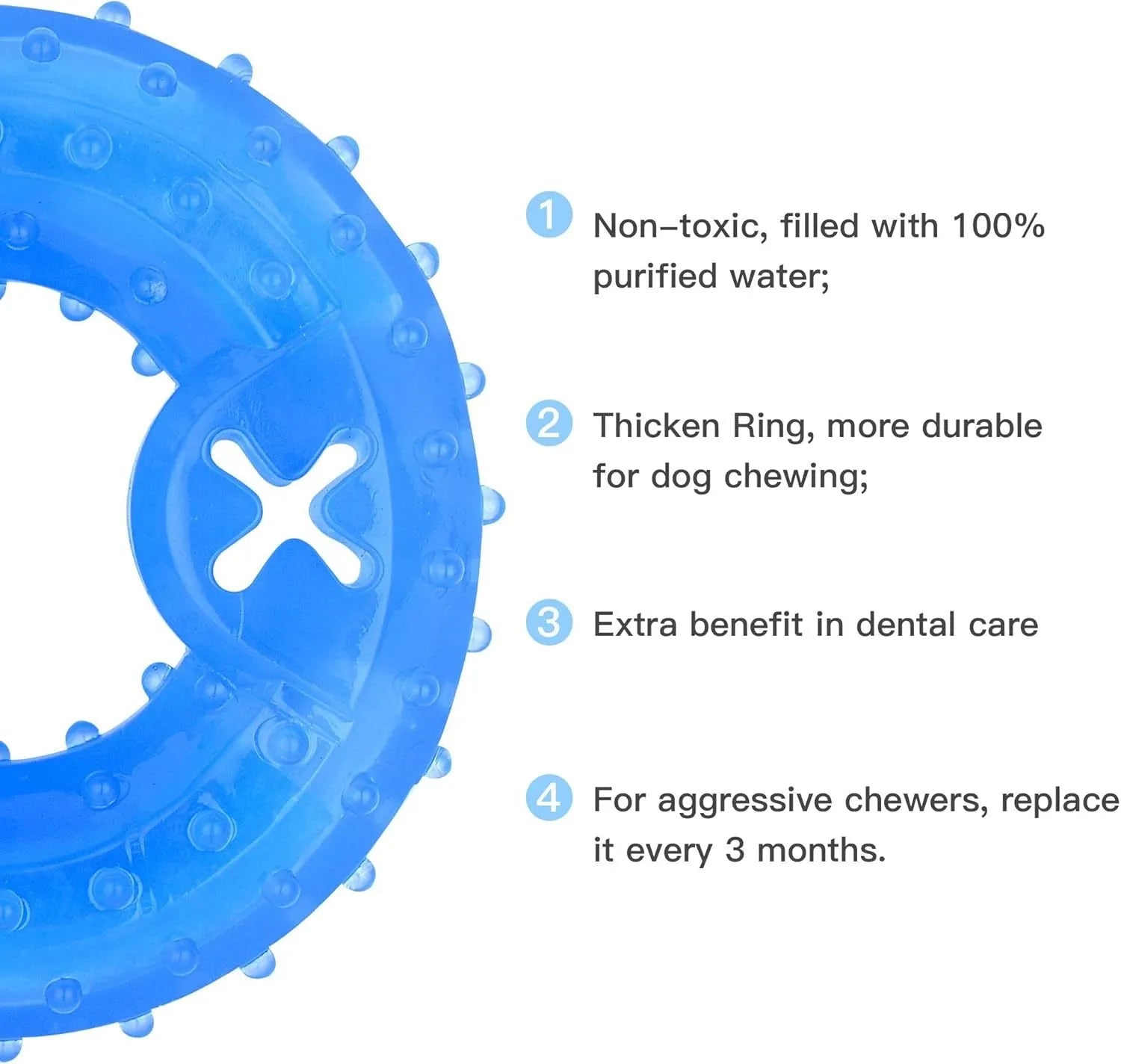 Blue freezable dog chew toy in bone and circle shapes for teething and cooling relief.