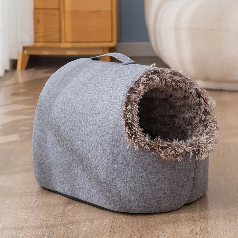 Grey fleece-lined enclosed cat sleeping bag bed for winter, shown next to brown colour option.