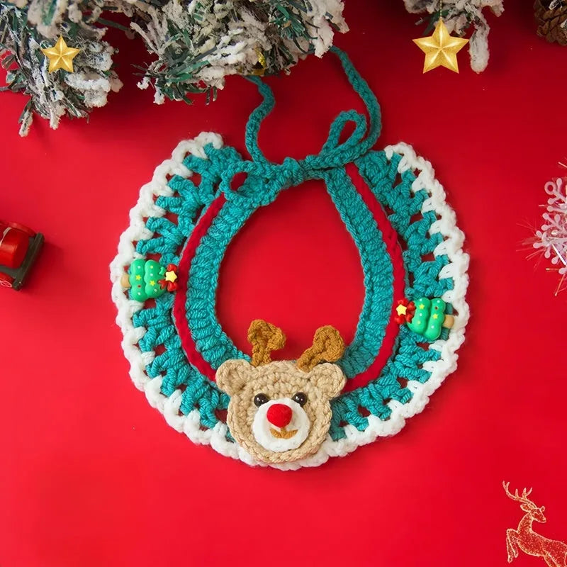 Adjustable Christmas knit pet collar with crochet Elk pattern, soft yarn, sizes L and M for cats and dogs