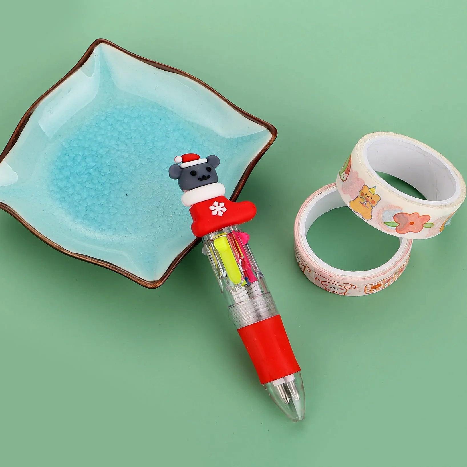 Christmas four-colour press ballpoint pen with festive designs, 11cm compact size