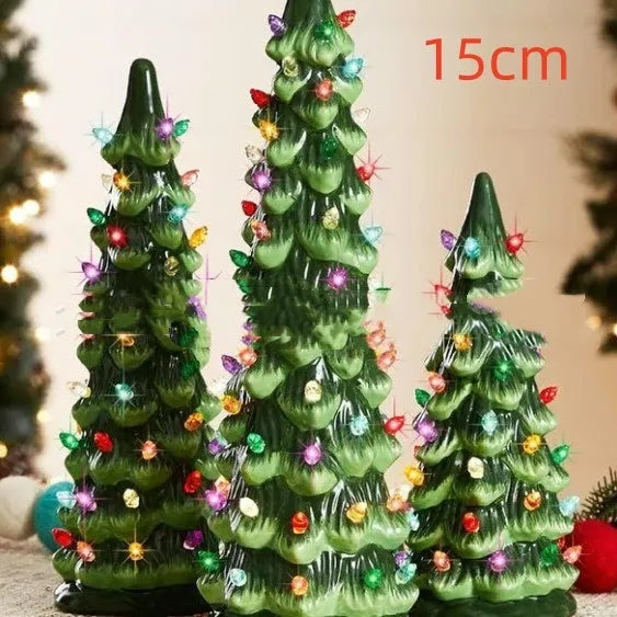 A European-style resin Christmas tree ornament with integrated coloured or warm LED lights, shown in 20cm, 25cm, and 30cm sizes.