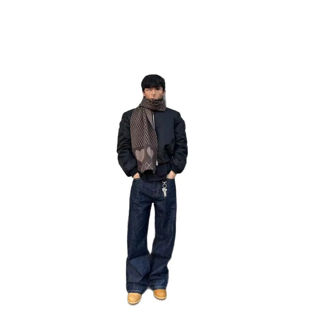 Men's loose straight-leg wide-leg dark blue jeans with mid-waist zip fly, polyester blend, sizes S to 3XL