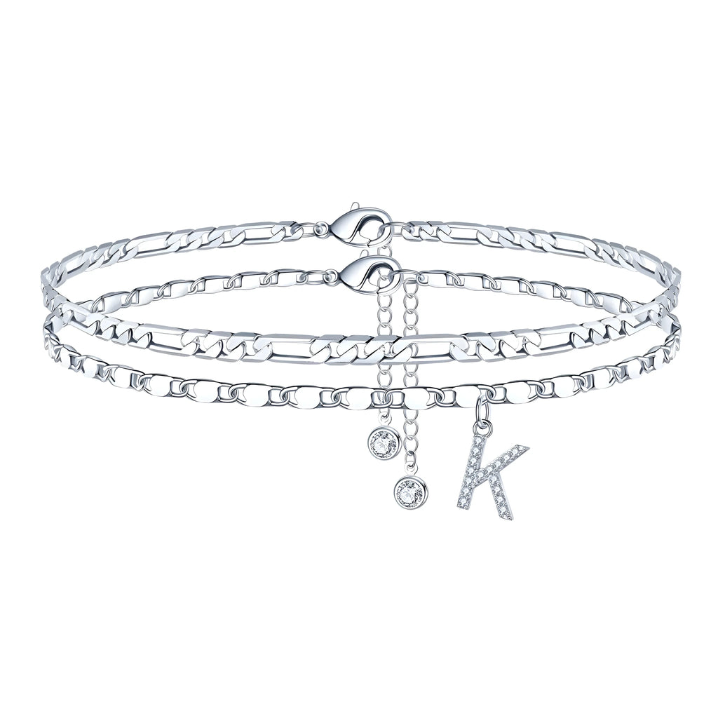 Copper double-circle bead anklet with silver colour finish showing customisable letter styling options