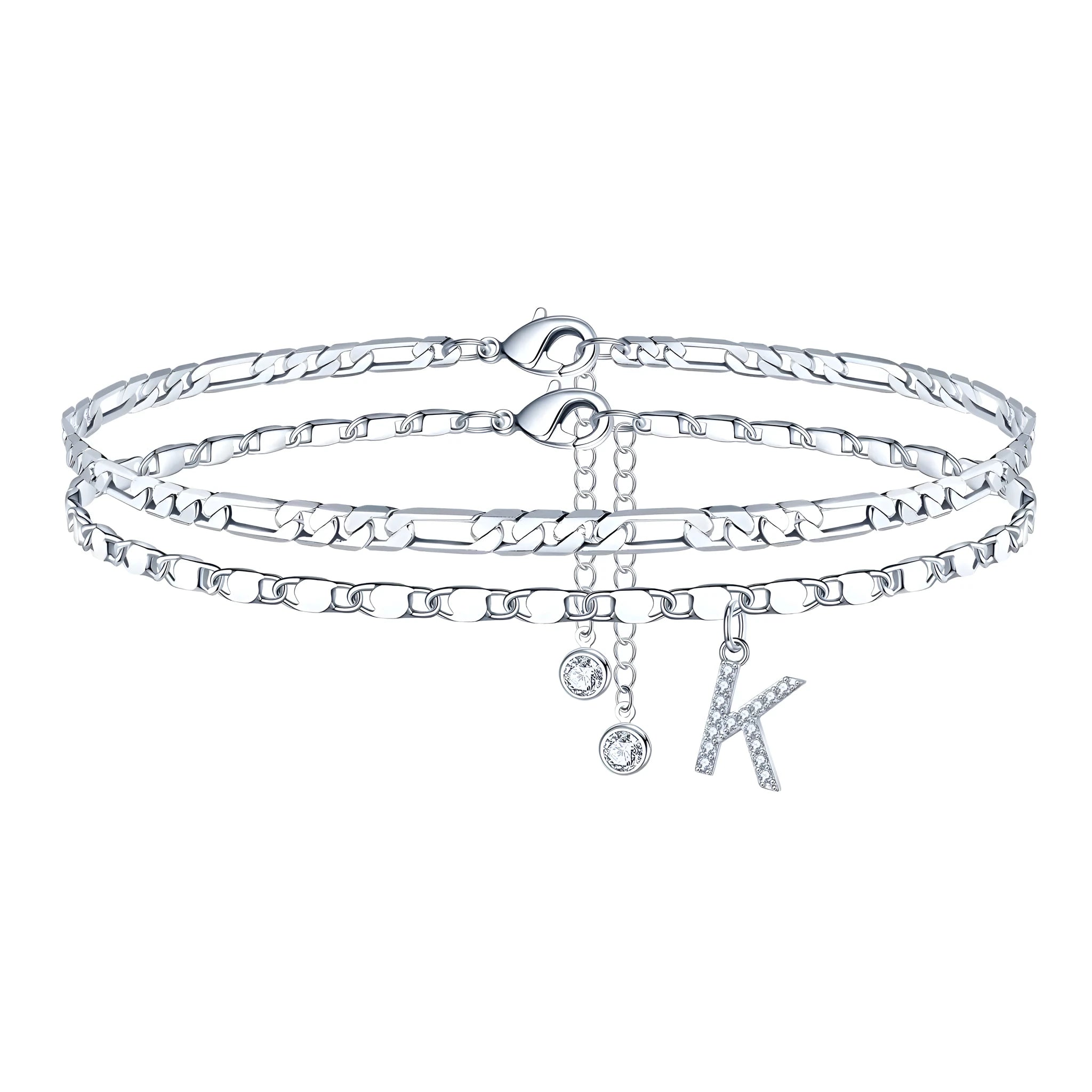 Copper double-circle bead anklet with silver colour finish showing customisable letter styling options