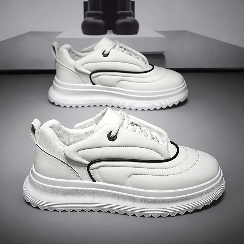 Unisex casual leather trainers with a thick platform sole in black, white, and khaki colour options.