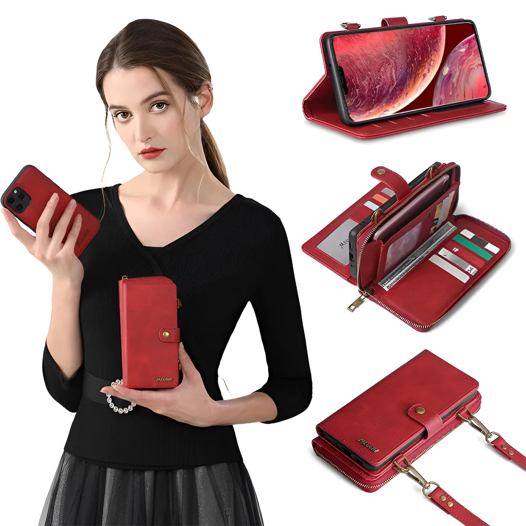 Black leather flip phone case with a detachable wallet backpack, shown open next to a smartphone.