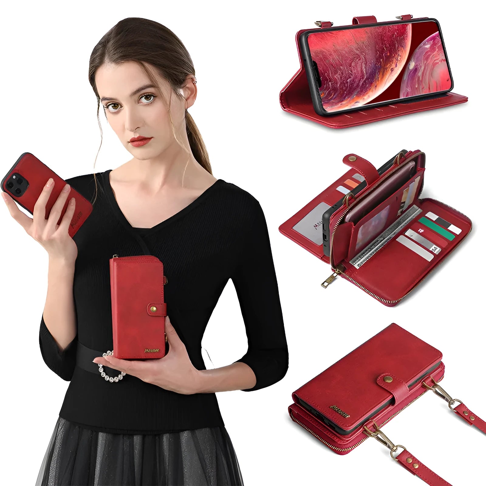 Black leather flip phone case with a detachable wallet backpack, shown open next to a smartphone.