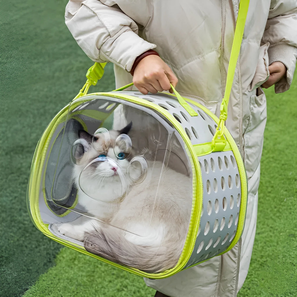 Transparent hard-shell EVA cat backpack carrier in grass green colour.