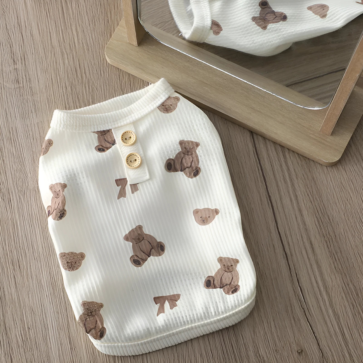 Beige waffle small dog clothes with short sleeves, polyester pet top in sizes M, L and XL