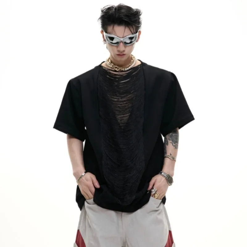 Men's black hollow out V-neck loose fit polyester T-shirt with tassel detail