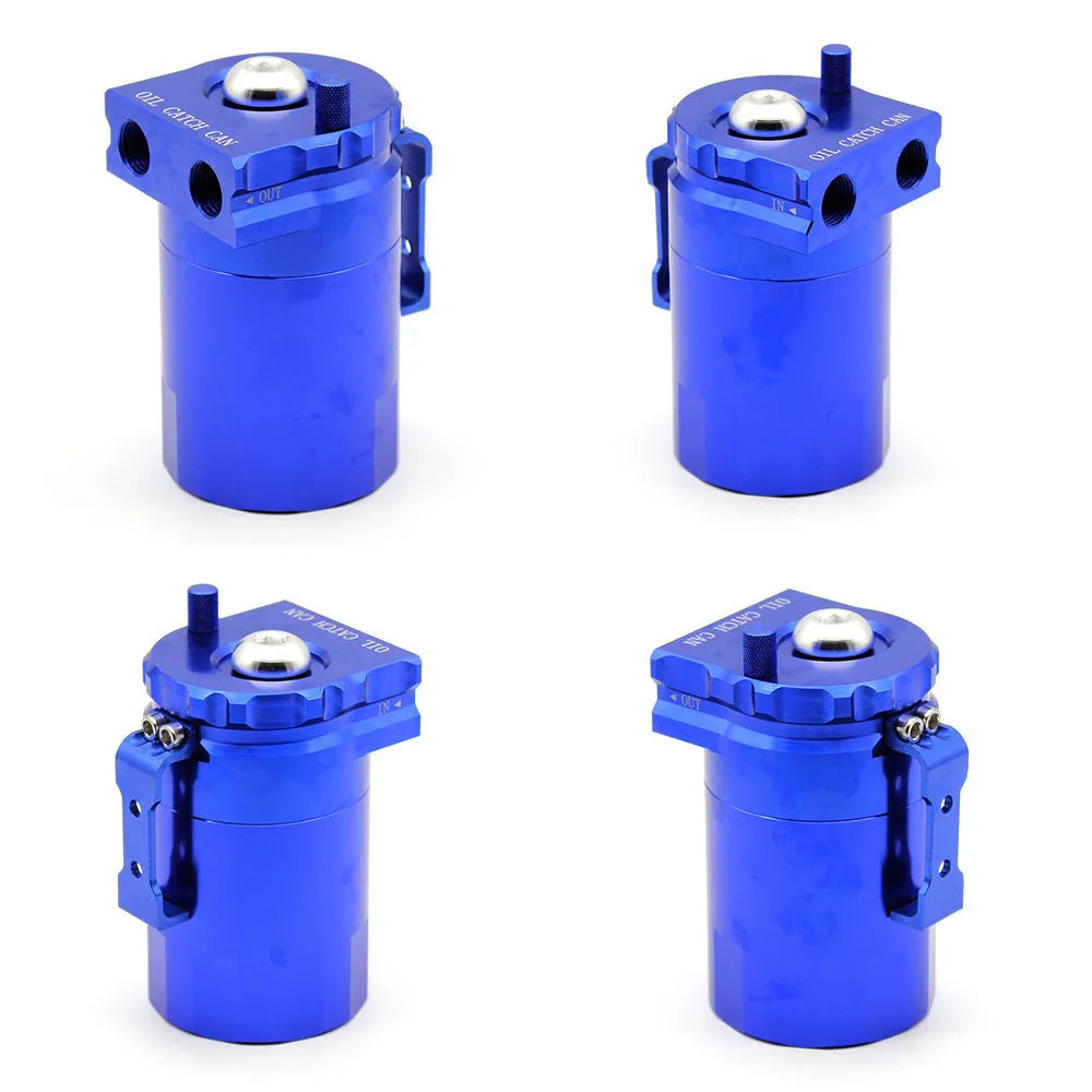 Aluminium alloy car engine oil breathable pot air filter in red, blue, black, and silver colours.