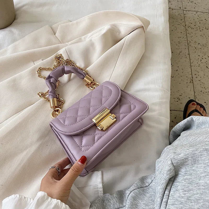 Korean-style small square shoulder bag in purple with chain detail and soft PU construction