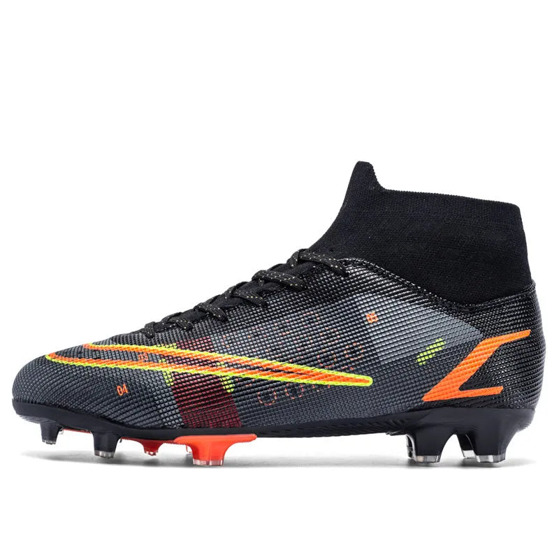High top football boots with AG spike sole for artificial turf, non-slip rubber outsole, black colour
