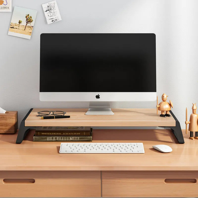 Wood-based board office computer monitor heightening stand with walnut colour and black support leg