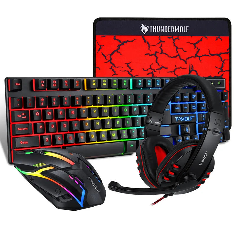 Thunder Wolf T800 wired gaming keyboard and mouse combo set with headset and mouse pad on a desk