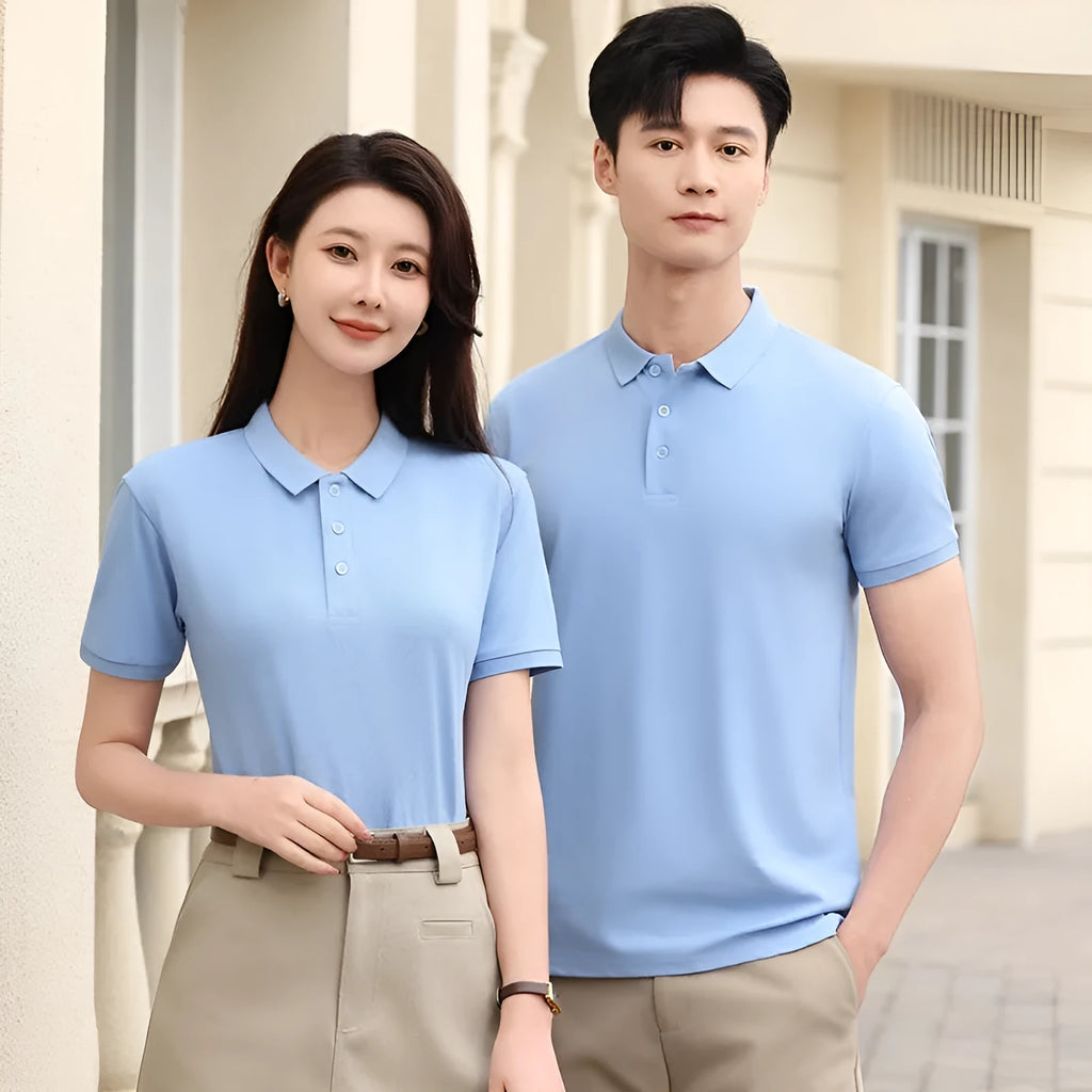 Short sleeve summer polo work t-shirt in cotton-spandex blend with lapel collar in various colours