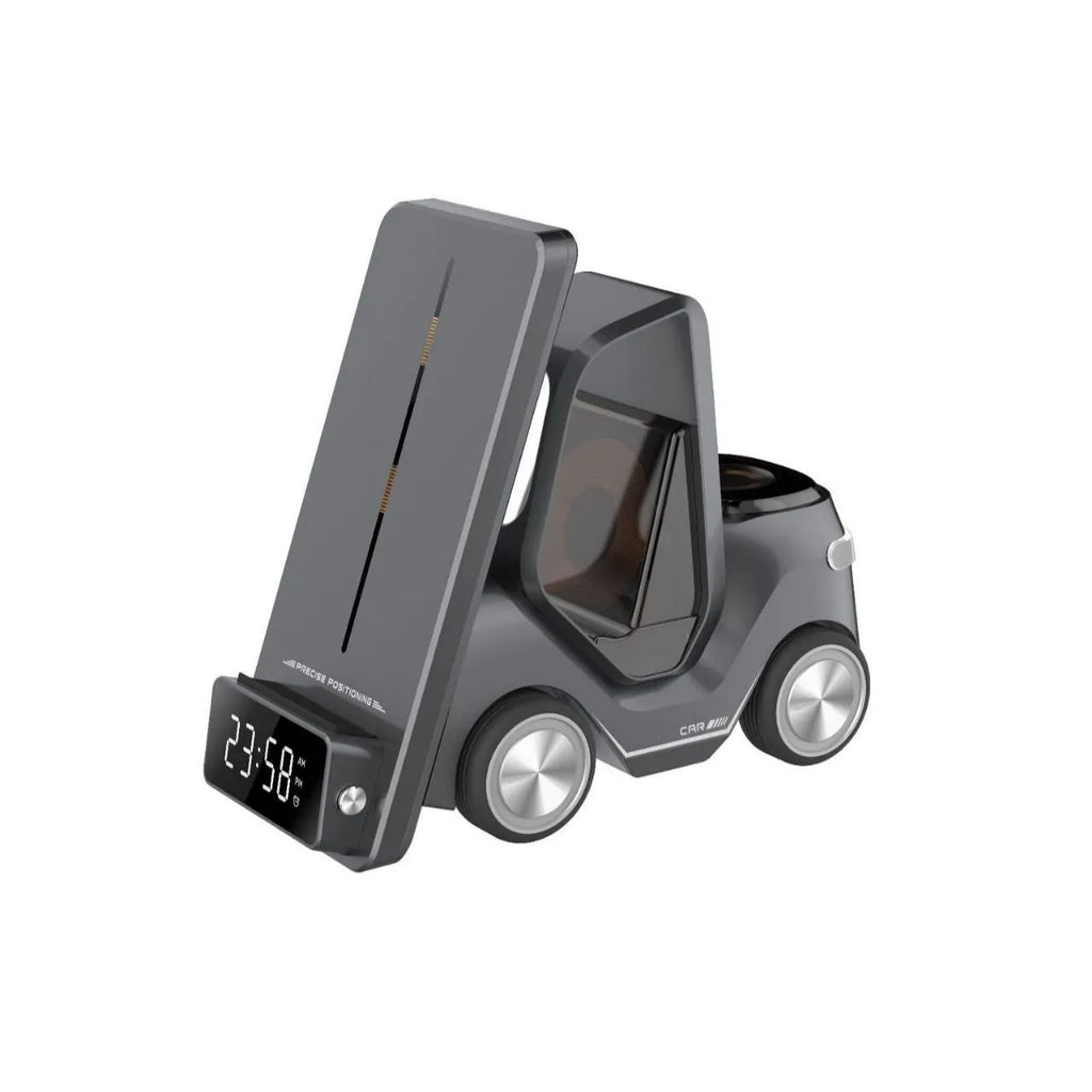 Grey wireless charging stand holding a smartphone at an angle, showing adjustable side arms and a USB-C port.