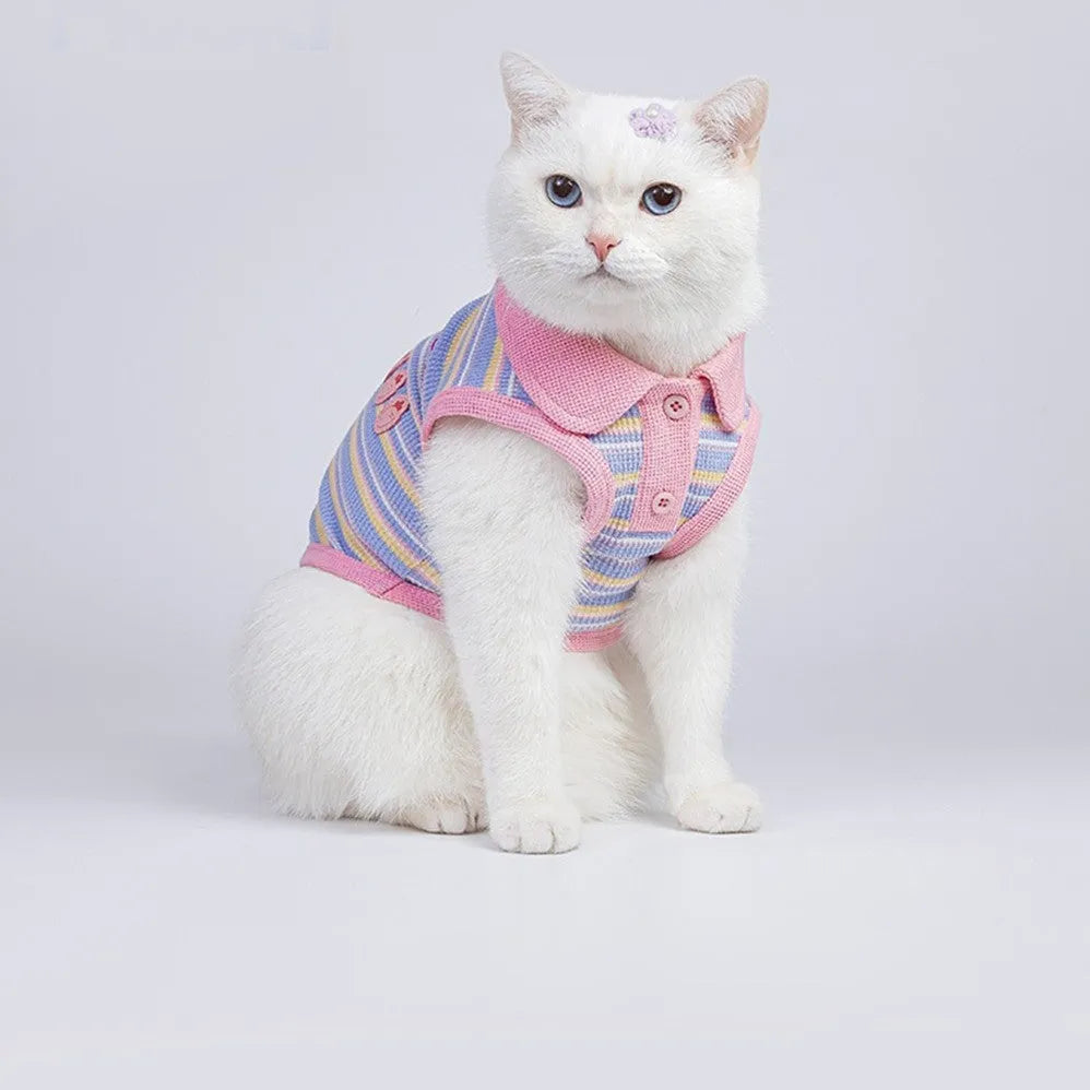 Pink purple lightweight vest for a small dog or cat, shown as autumn pet clothing.