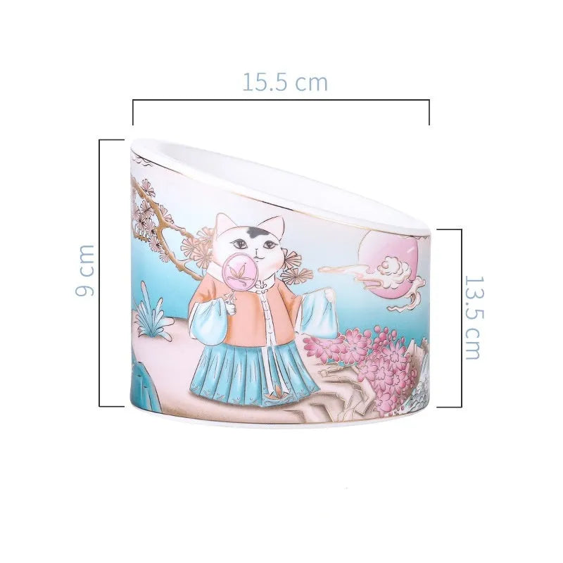 Chinese style ceramic cat bowl with high legs and double slanted mouth compartments