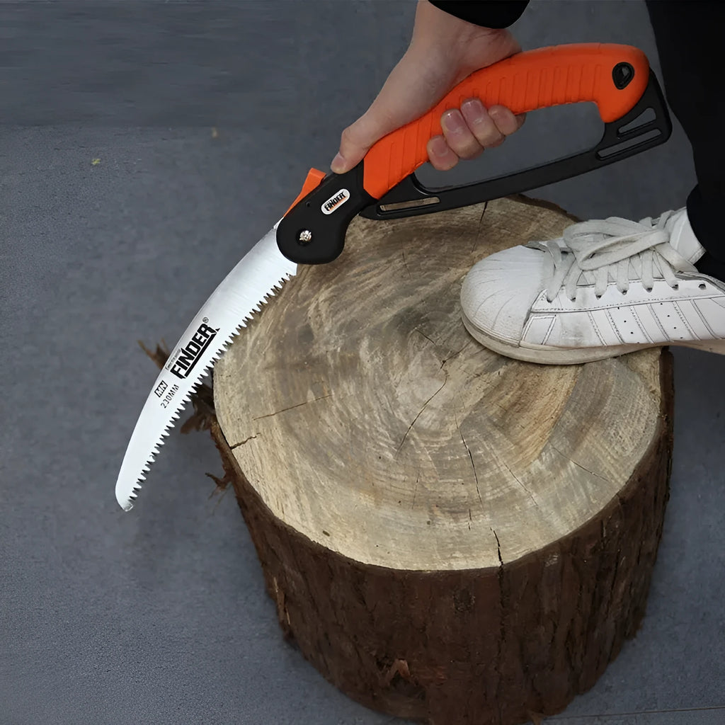 A folding hand saw with a 230mm blade and TPR handle, shown closed and open.